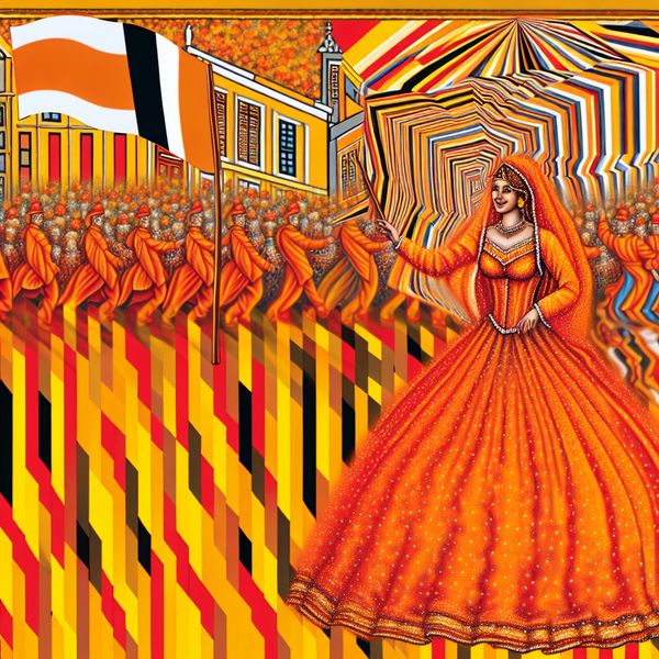 Vrouw in een opvallende oranje jurk op een levendige viering met surrealistische elementen en geometrische patronen.