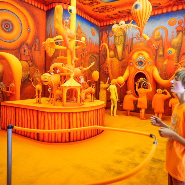 Vrolijke oranje kamer met fantasierijke wezens Een levendige oranje kamer vol fantasierijke wezens die een feest vieren