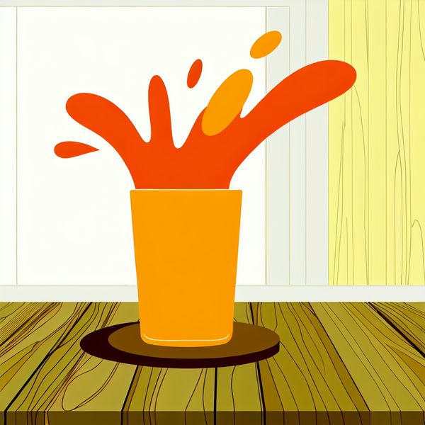 Overlopende sapglas illustratie in minimalistische stijl Minimalistische illustratie van een helder oranje sapglas op een houten tafel met sap dat over de rand spettert en op de tafel stroomt.