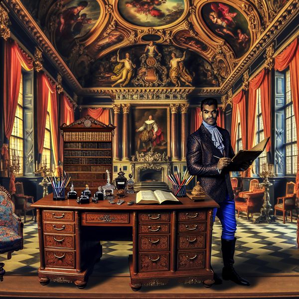 Ordelijke studeerkamer in barokstijl: symbool van organisatie en netheid Barokke studeerkamer met een georganiseerde houten bureau, boeken, documenten en een tevreden persoon die een grootboek vasthoudt, symboliserend orde en netheid