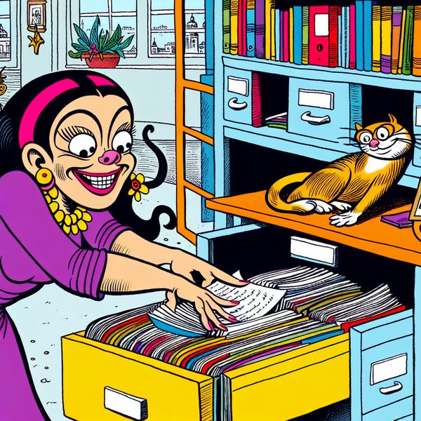 Cartoon van een jonge vrouw die een kleurrijke dossierkast organiseert met papieren documenten.