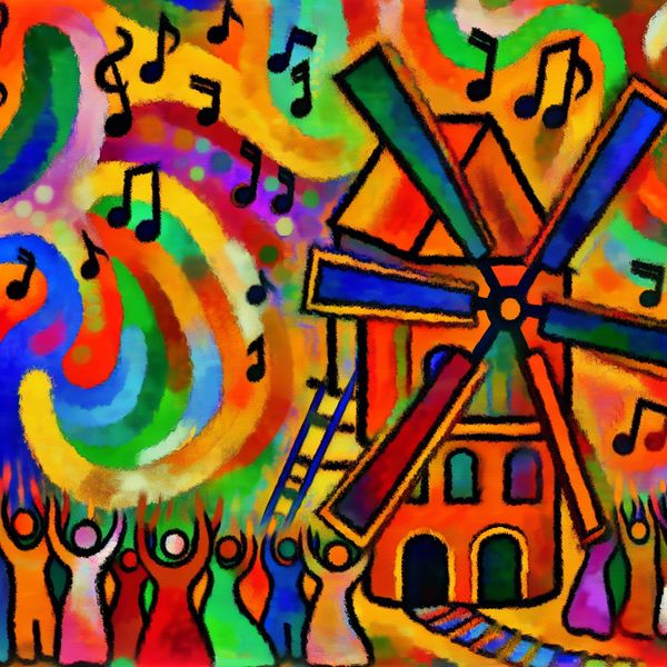Abstracte weergave van een orgelmolen die muziek speelt tijdens een feestelijke viering, omgeven door dansende mensen en muzikale noten.