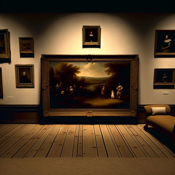 Schilderskunst als erfgoeddecoratie in de woonkamer Groot, rijk geornamenteerd schilderij van een serene landschap, gehangen op een living room muur met kleinere foto's eromheen.