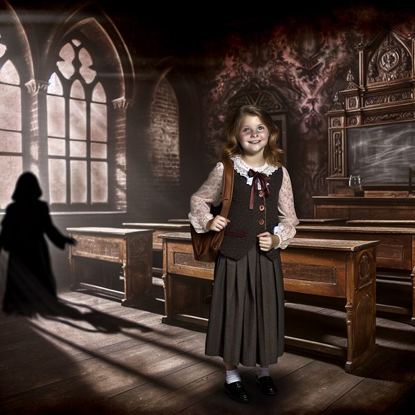 Oud Genoeg - Gotisch Klaslokaal met Meisje Een zelfverzekerd twaalfjarig meisje in vintage schoolkleding staat voorin een duistere, gotische klaslokaal met een rugzak, omringd door oude houten bureaus en een krijtbord, terwijl schaduwfiguren haar angsten vertegenwoordigen.