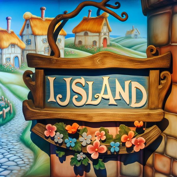 Oude handgeschilderde houten sign 'IJsland' in een sprookjesdorp Een handgeschilderd houten bord met de tekst 'IJsland' in een pittoresk dorpje met vintage huisjes en kleurrijke bloemen