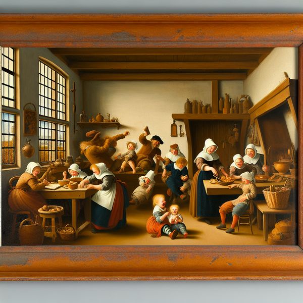 Charmant oud houten raamwerk in een levendige woonkamer Een oud houten raamwerk rondom een stuk glas in een drukke woonkamer met een gezin dat bezig is met lezen, koken en spelen.