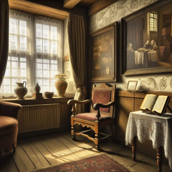 Artistieke weergave van een oud huis met gezellige leeshoek Een serene interieurweergave van een artistiek mooi oud huis met zacht licht en nostalgische sfeer.