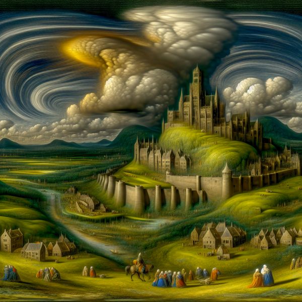 Oud kasteel op een heuveltop in een historisch landschap Een prachtig landschap met een oud kasteel op een heuvel, omringd door groene velden en dramatische luchten.