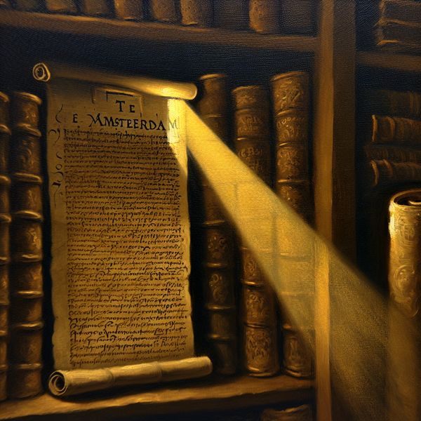 Betekenis van de oude Nederlandse afkorting 'te' in historische documenten Olieverfschilderij in Rembrandt-stijl van een historisch archief met een 17e-eeuws Nederlands document waarop 'te Amsterdam' in kalligrafie staat, met nadruk op de oude afkorting 'te'
