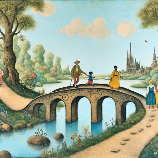 Oude brug in een schilderachtige omgeving Een schilderachtig oud bruggetje over een rustige rivier, met een gezin dat vrolijk richting een groen park wandelt.
