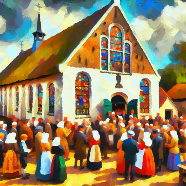 Vibrante dorpskerk tijdens een zondagse dienst Oude charmante dorpskerk met kleurrijke glas-in-loodramen en gemeenschapsleden binnen en buiten tijdens de zondagsdienst.