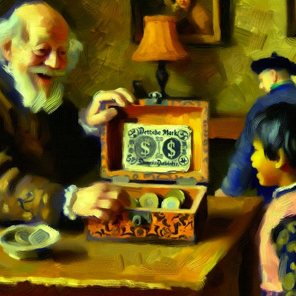 Oude man toont een kind een houten doosje met Duitse Marken uit de tijd voor de euro, geschilderd in de stijl van Frans Hals