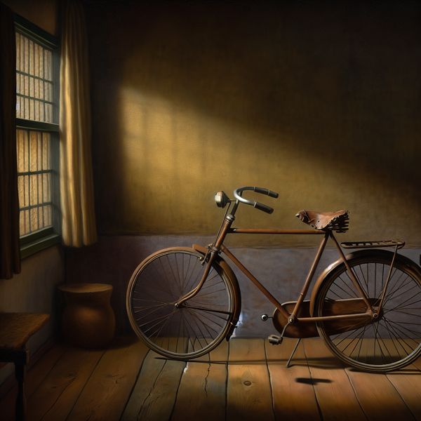 Nostalgisch voorwerp: oude fiets in Vermeer-achtige setting voor taal leren Oude roestige fiets tegen houten muur in sfeervolle Vermeer-stijl interieur met zacht licht en nostalgische sfeer