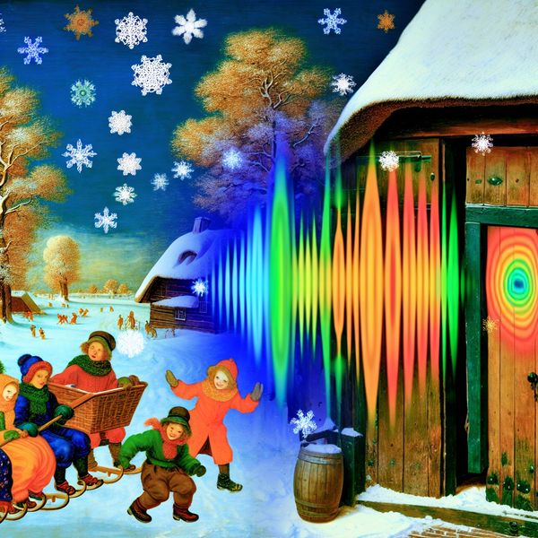 Oude houten deur in een winterse landschapscène Oude houten deur in een rustieke cabin die een zacht piepend geluid maakt, omringd door sneeuw en spelende kinderen.