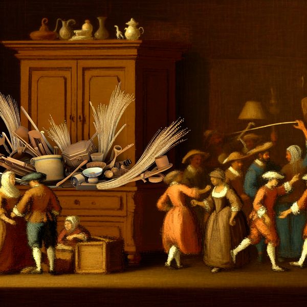 Oude Houten Kast met Haartjes in Jan Steen Stijl Een oude houten kast met fijne haartjes die het oppervlak bedekken, in een levendige scène geïnspireerd door Jan Steen.