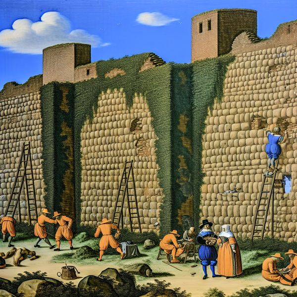 Oude kasteelmuur met historische scènes Levendige scène van een oude kasteelmuur met klimop en verweerde stenen, omringd door historische figuren die interactie hebben.