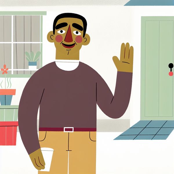 Vriendelijke oudere man met ondeugende glimlach, zwaaiend met koffiekop in een gezellige buurt