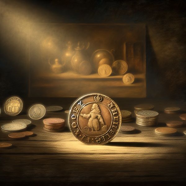 Een oude Nederlandse schelling munt op een rustieke houten tafel tussen andere vintage munten, verlicht in zacht diffuus licht.