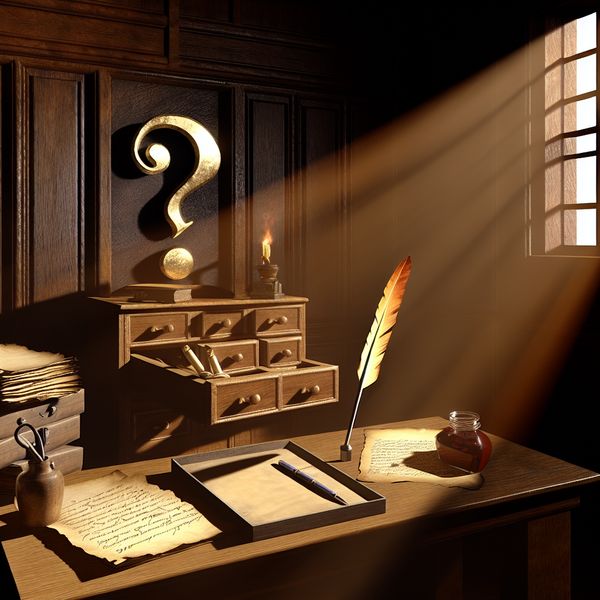 Een dramatische afbeelding van een oude studeerkamer met een grote houten bureau bedekt met documenten en een inktpen, met een gouden vraagteken in het midden, verlicht door een enkele lichtstraal.