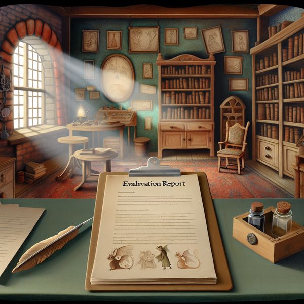 Oude Studiekamer met Evaluatierapport en Vintage Meubilair Een oude studeerkamer met houten boekenplanken, een open evaluatierapport op een rustieke desk, verlicht door zonlicht door het raam.