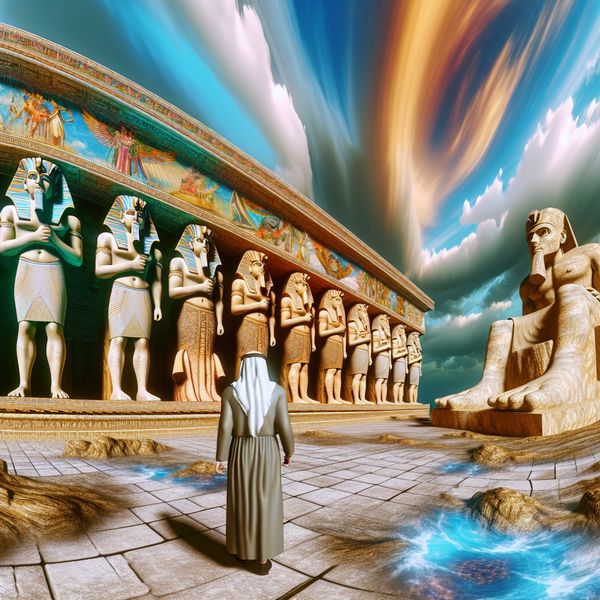 Majestueuze oude tempel van goden uit verschillende mythologieën Hyperrealistische afbeelding van een oude tempel met standbeelden van goden uit verschillende mythologieën, een figuur staat in aanbidding voor de majestueuze structuur.