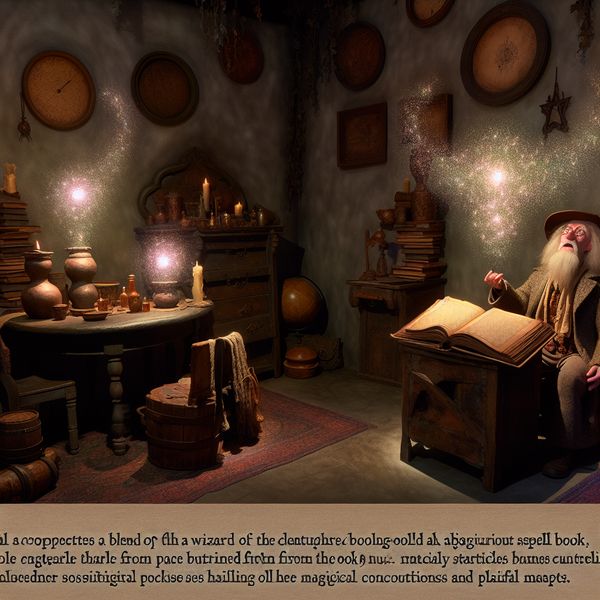 Oude tovenaar met toverboek en magische spreuken Een oude tovenaar zit aan een houten tafel met een open toverboek, omringd door leergebonden boeken, terwijl hij een spreuk reciteert en magische vonken uit de pagina's opstijgen in een sfeervolle kamer.
