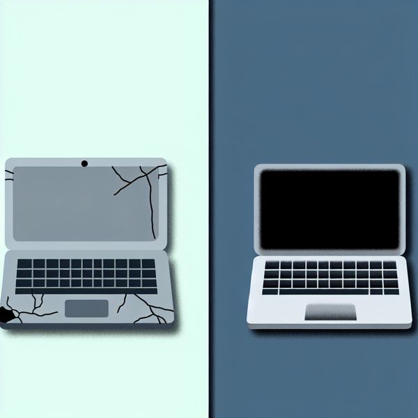 Minimalistische illustratie van een oude en een nieuwe laptop naast elkaar, met duidelijke tekenen van slijtage op de oude laptop en een moderne, glanzende uitstraling van de nieuwe laptop.
