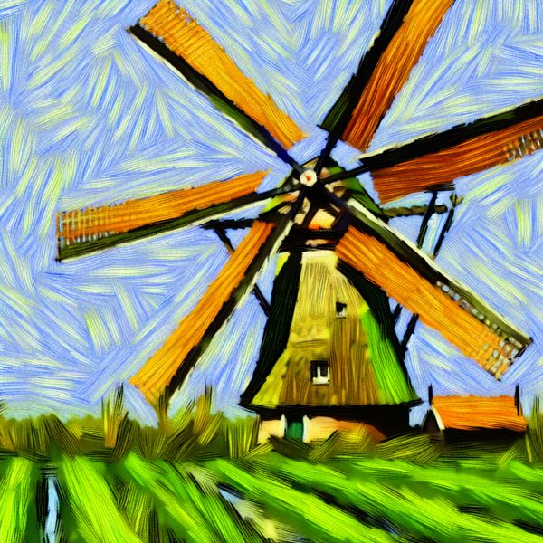 Oude windmolen omringd door groene velden Een oude windmolen omringd door groene velden met zichtbare spaken van het wiel