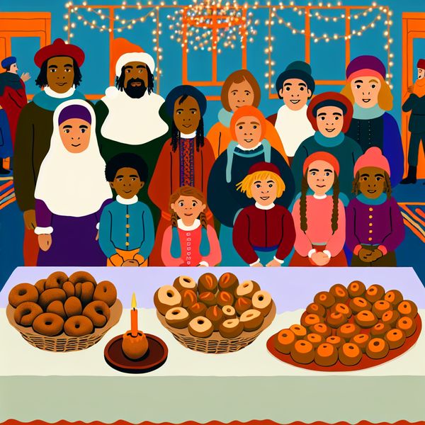 Feestelijke Oudejaarsavond met een tafel vol traditionele oliebollen in Nederland, omringd door feestvierende kinderen en volwassenen.