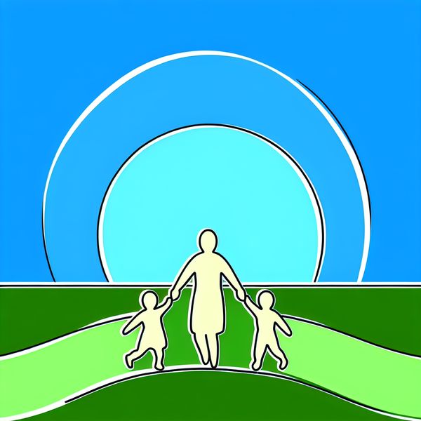 Een ouder houdt de handen van zijn twee kinderen vast terwijl ze over een charmante oversteekplaats gaan in een kleurrijke landschap.