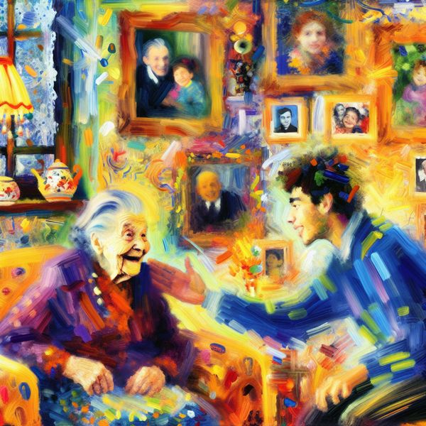Een oudere vrouw met een warme glimlach zit in een gezellige woonkamer, omringd door familiefoto's en kleurrijke versieringen.