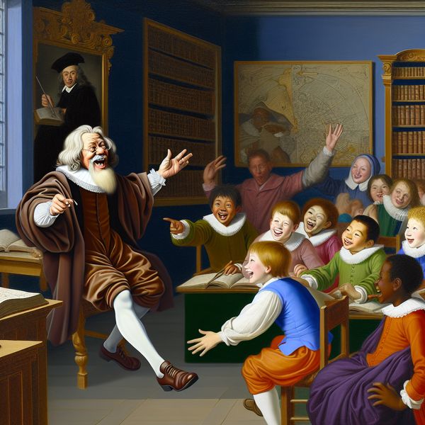 Oudere leraar met een warme glimlach, spelend met diverse jonge studenten in een klaslokaal.