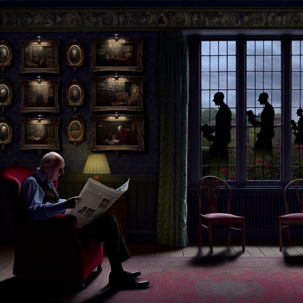 Oudere man genietend van een krant in een sfeervolle kamer Oudere man die ontspannen een krant leest in een gezellige, sfeervolle kamer met gothische kunst en foto's van vrienden en familie aan de muren.
