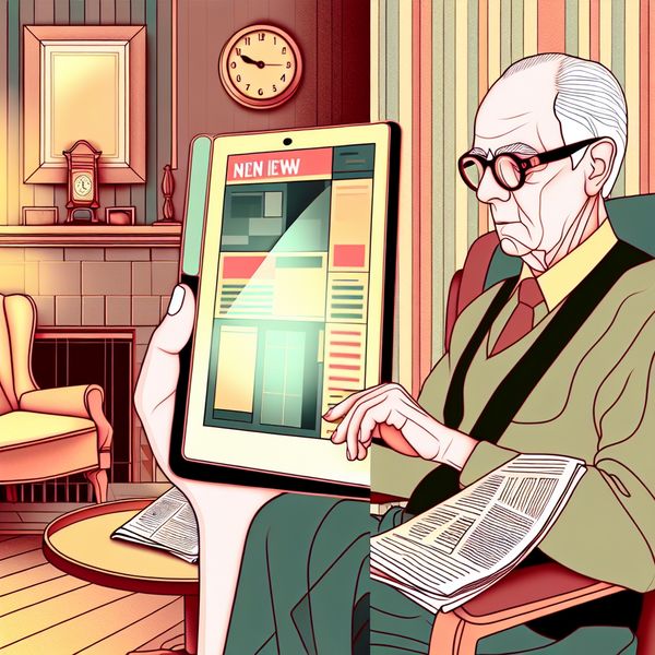 Tablet gebruik in retro-futuristische setting voor taal en technologie leren Oudere man leest nieuws op een dunne tablet in een gezellige retro-futuristische woonkamer