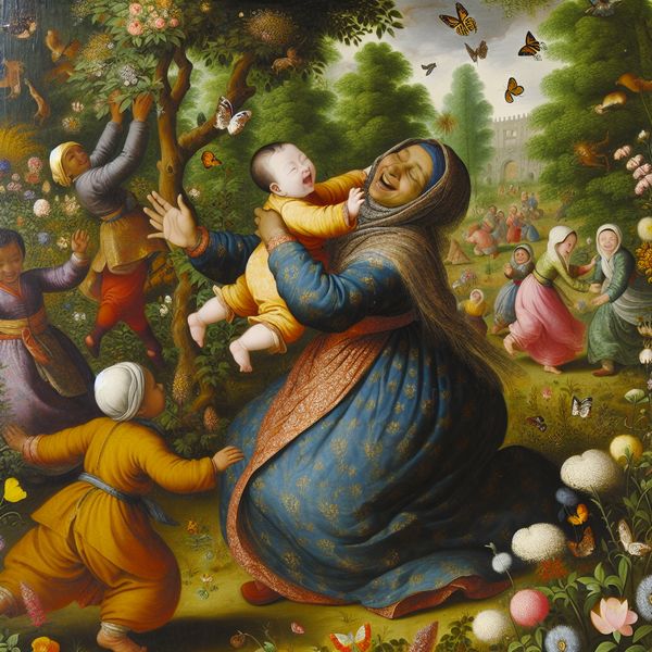 Ouderlijk Liefde: Moeder en Kind in de Tuin Vibrant scene van een moeder die haar kind omarmt in een zonnige tuin vol bloemen en speelplezier.