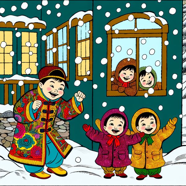 Vrolijk kindertijd in winterkleding Een ouder kleedt snel twee blije kinderen in kleurrijke winterjassen en hoeden terwijl ze zich voorbereiden om buiten te spelen in de sneeuw.