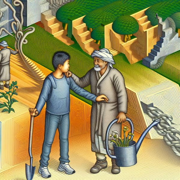 Informeel 'ouwe' betekenis: vriendschappelijke interactie met oudere man in Escher-stijl Vriendelijke interactie tussen een jongere en een oudere man in een surrealistische tuin met optische illusies, geïnspireerd op M.C. Escher