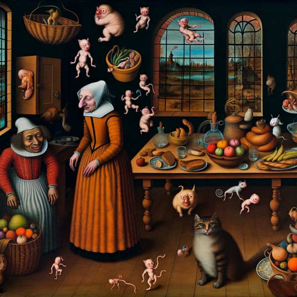 Informeel woord voor echtgenoot: surrealistische Bosch-achtige voorstelling van 'ouwe' Surrealistisch tafereel in de stijl van Jheronimus Bosch van een vrouw in 15e-eeuwse kleding die liefdevol naar haar partner wijst in een fantasierijke keuken vol bizarre wezens en dromerig eten