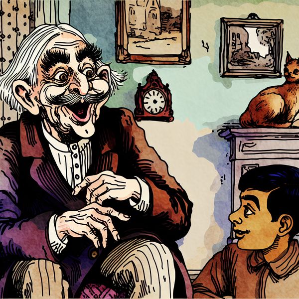 Karikatuur van een oudere man met expressieve gelaatstrekken die geanimeerd een verhaal vertelt aan een jonger persoon in een gezellige woonkamer, met een kat op de achtergrond