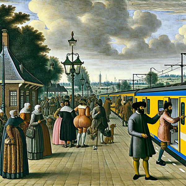 Ov-chipkaart gebruiken bij openbaar vervoer in Nederland - Historische treinreisscène 17e-eeuws Nederlands treinstation met reizigers die ov-chipkaart gebruiken bij het inchecken