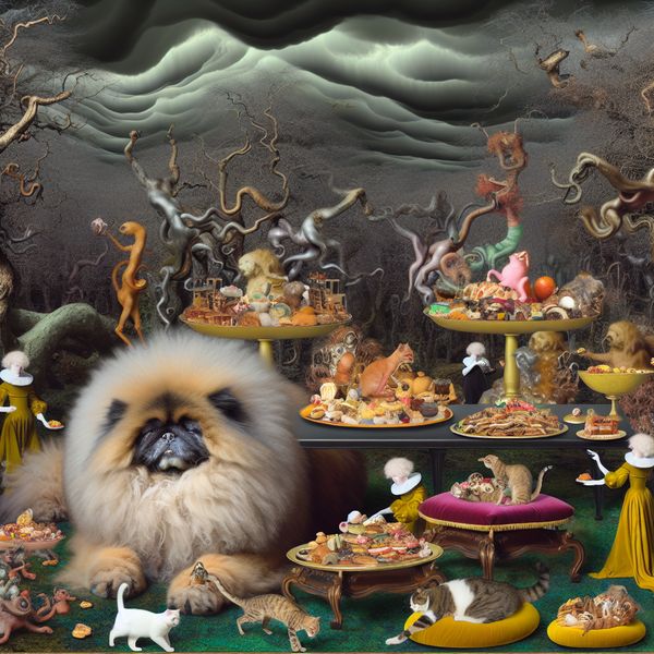 Overdaad in de Wereld van Huisdieren: Surrealistische Beelden van Verwennerij Een groot, fluffy huisdier zit aan een weelderig feestmaal in een surrealistische tuin, omringd door vreemde dieren en luxe traktaties.