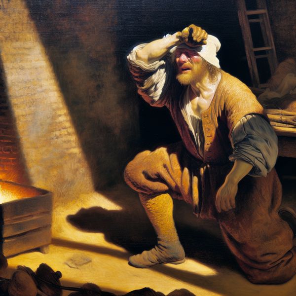 Overdreven hitte in historische setting: Nederlandse arbeider lijdt onder extreme warmte 17e-eeuwse Nederlandse arbeider in dramatisch licht, oververhit en uitgeput door overdreven zomerhitte