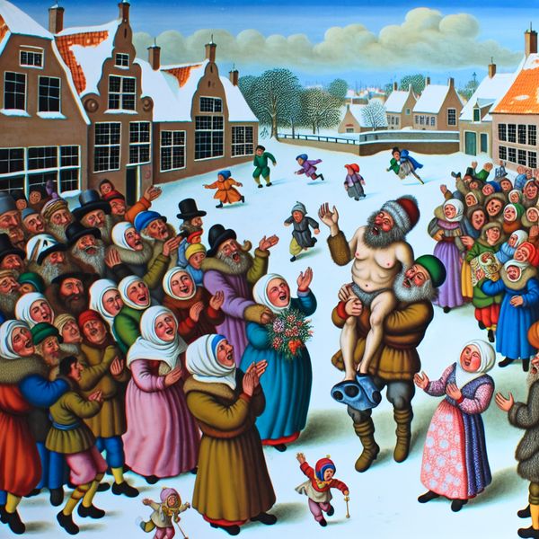 Druk dorpsplein in winter met overdreven bewondering voor een kok, in stijl van Hendrick Avercamp