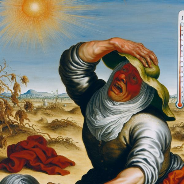 Overdrijving van hitte in schilderkunst: persoon worstelt met extreme zomerhitte Schilderij in de stijl van Frans Hals van een persoon die lijdt onder extreme zomerhitte, fanatiek waaiend met een hoed, met zweetdruppels en een uitgedroogd landschap op de achtergrond