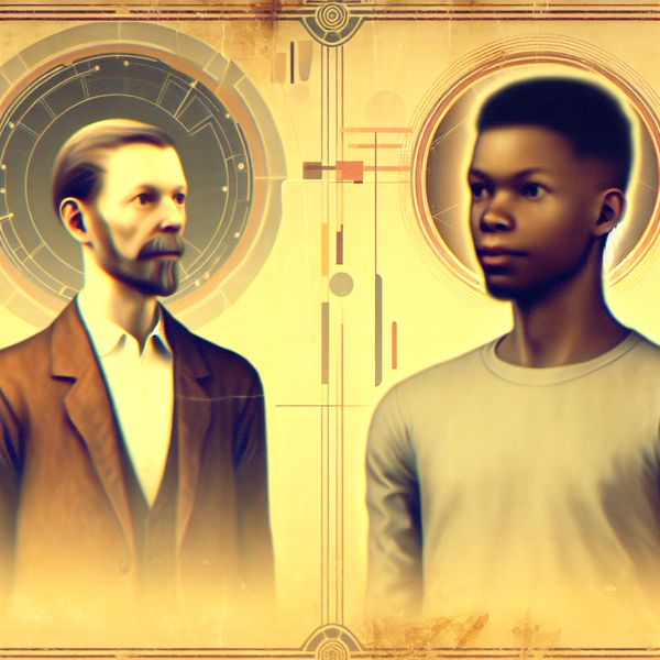 Illustratie gelijkenis tussen twee mannen - betekenis van overeenkomen in Nederlands Twee mannen met opvallende gelijkenis naast elkaar in retro-futuristische stijl, illustrerend het concept 'overeenkomen'