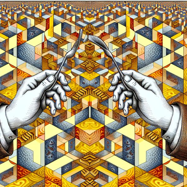 Surrealistische illustratie van 'overeenkomstig' in M.C. Escher-stijl voor taalonderwijs Twee gespiegelde handen voeren identieke taken uit in een surrealistische M.C. Escher-stijl, omringd door geometrische patronen en optische illusies die het concept 'overeenkomstig' illustreren