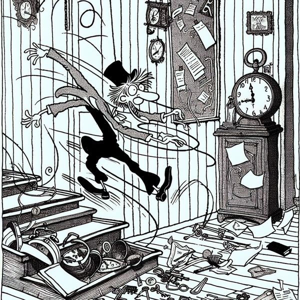 Overhaasting illustratie: gehaaste actie met chaos en fouten Cartoonachtige scène van een gehaaste persoon die struikelt over een drempel, met vliegende papieren, sleutels en een half ingepakte tas, terwijl de klok wild ronddraait