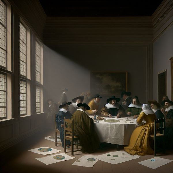 Overheidsvergadering over milieubeleid in de 17e eeuw Overheidsvergadering met officials in historische kleding die documenten bespreken