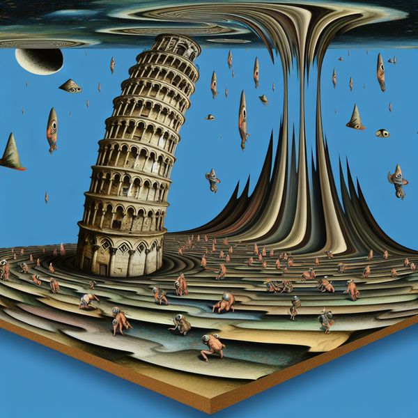 Overhellende toren: surrealistisch kunstwerk over instabiliteit en zwaartekracht Surrealistische toren die langzaam overhelt, geïnspireerd op de scheve toren van Pisa, met bizarre wezens en een droomachtig landschap in de stijl van Hieronymus Bosch