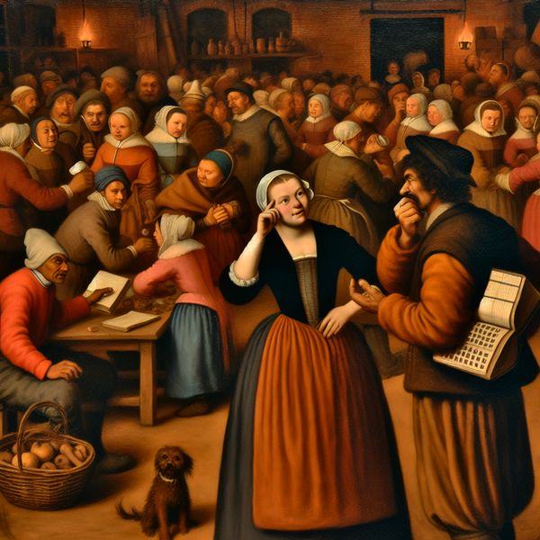 Betrouwbaar overkomen als - Nederlandse spreekwoord illustratie in Jan Steen stijl Druk Nederlands huishouden in de stijl van Jan Steen waar een vrouw een betrouwbare man beoordeelt met een grootboek en sleutels, ter illustratie van 'overkomen als'